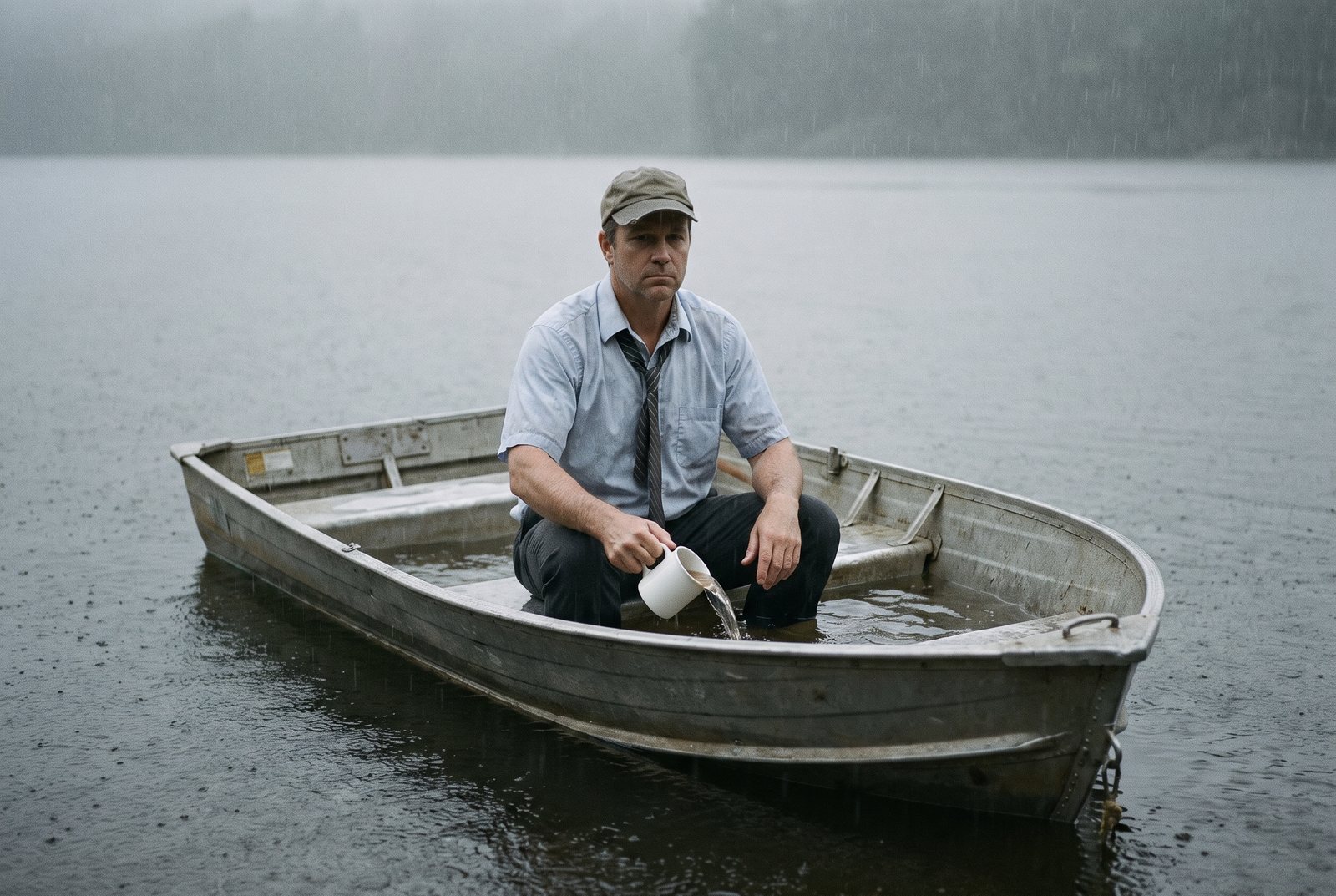 A man in a shirt and tie bails water out of a small rowboat with a coffee mug.